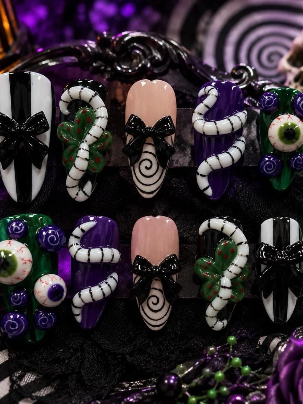 Hand-Painted Halloween Beetlejuice Press-On Nails